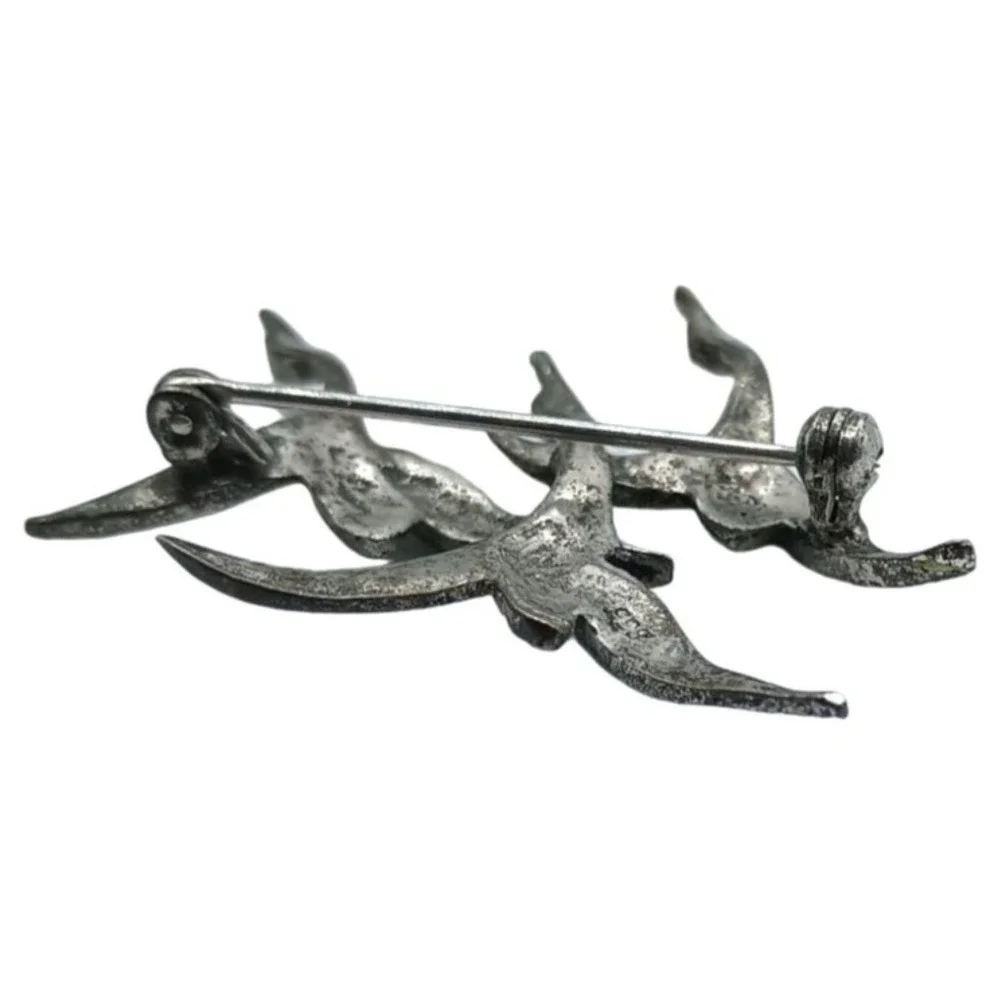 Vintage 835 Silver Bird Brooch Marcasites Enamel Ducks Flying Figural Pin Jewelr